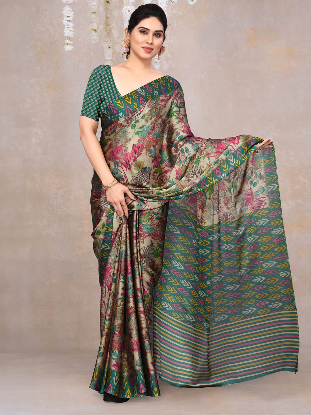 MIRCHI FASHION Teal & Pink Floral Printed Chiffon Saree