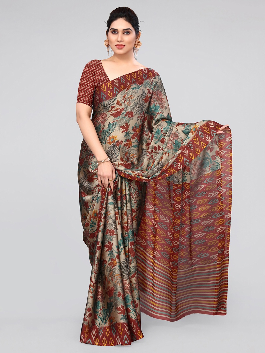 

MIRCHI FASHION Maroon & Beige Floral Printed Ikat Saree