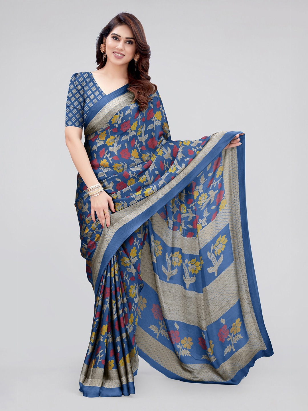 

MIRCHI FASHION Blue & Red Floral Printed Saree