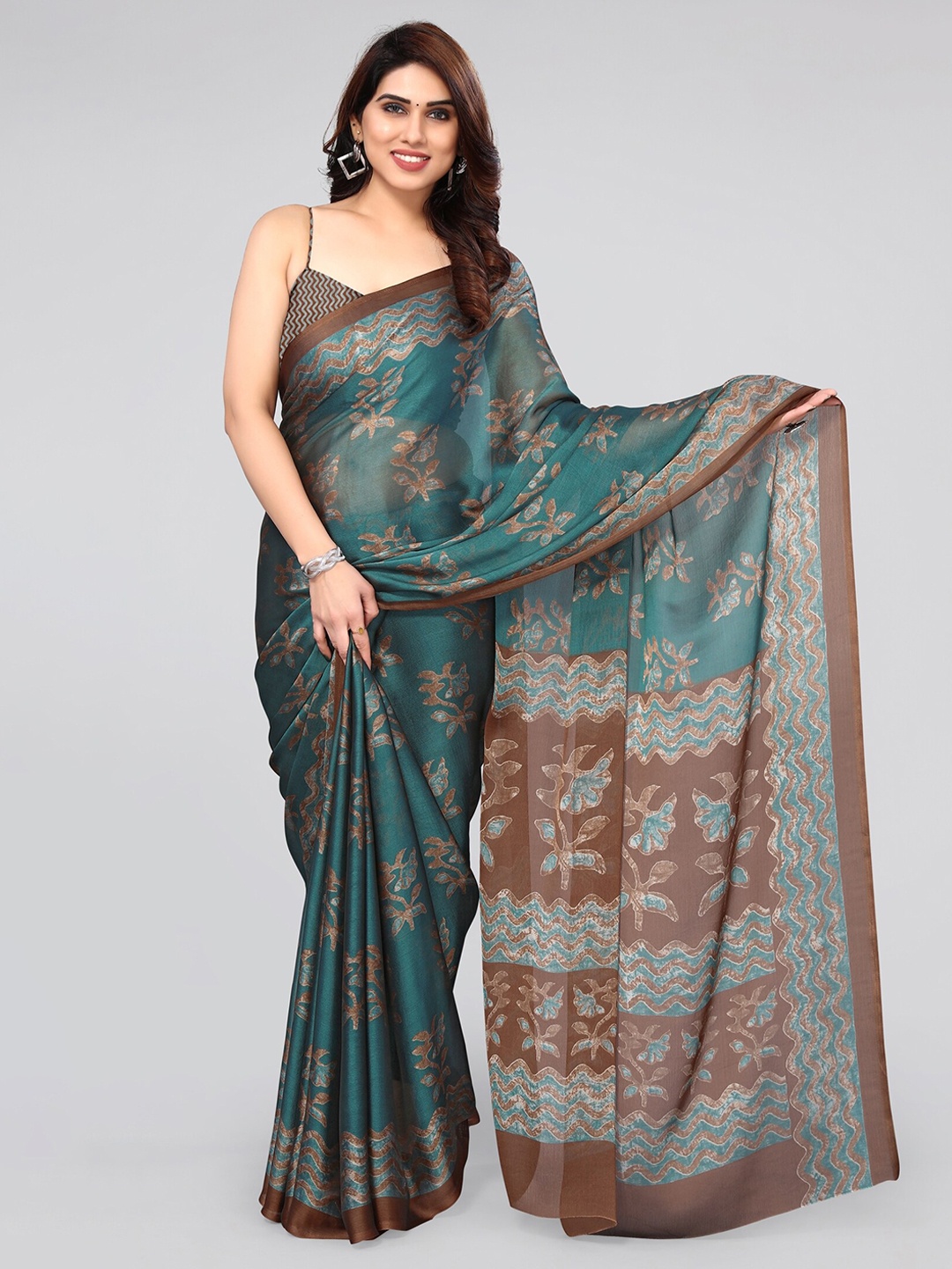 

MIRCHI FASHION Teal & Brown Floral Block Printed Saree