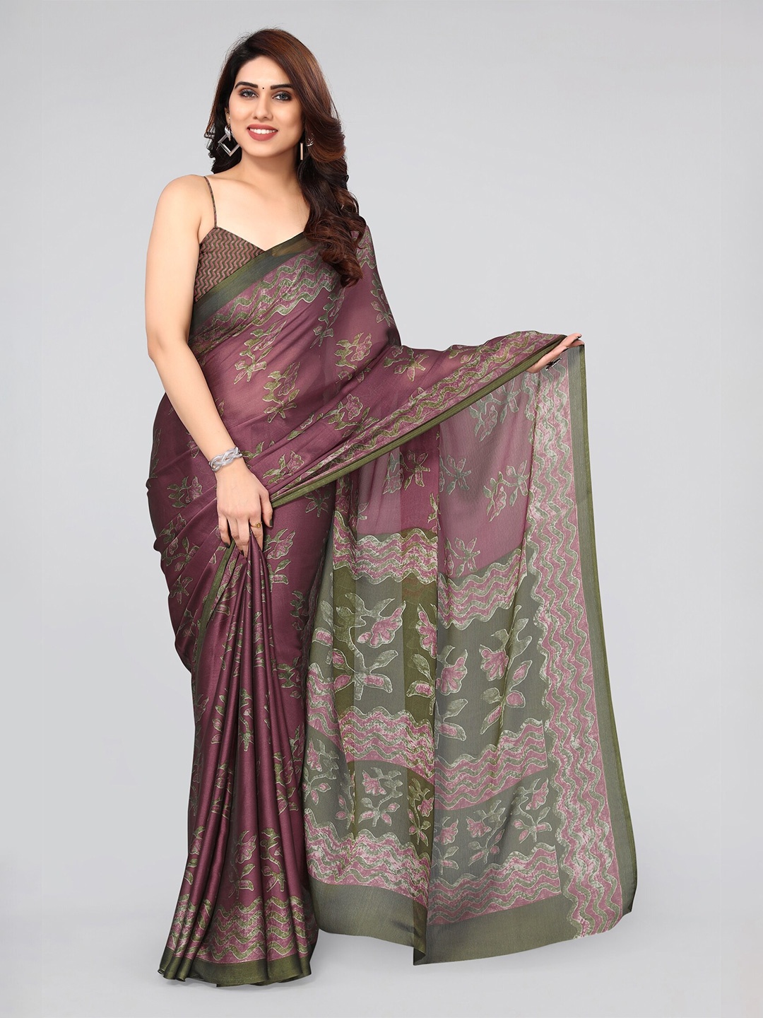 

MIRCHI FASHION Purple & Green Floral Block Printed Saree