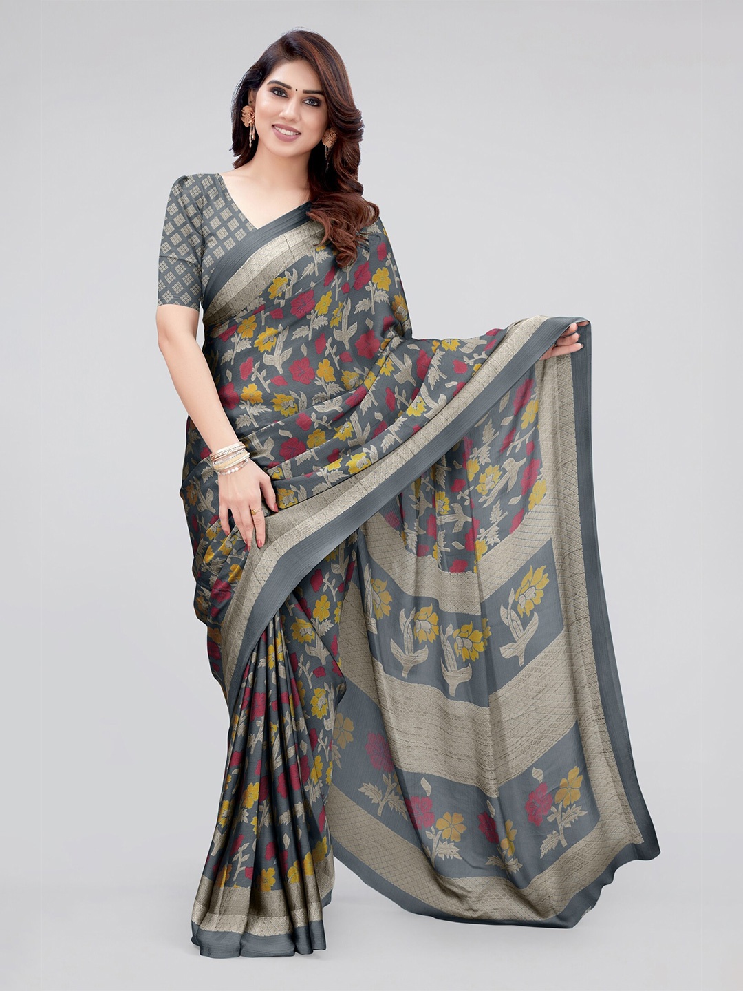 

MIRCHI FASHION Grey & Mustard Yellow Floral Printed Saree