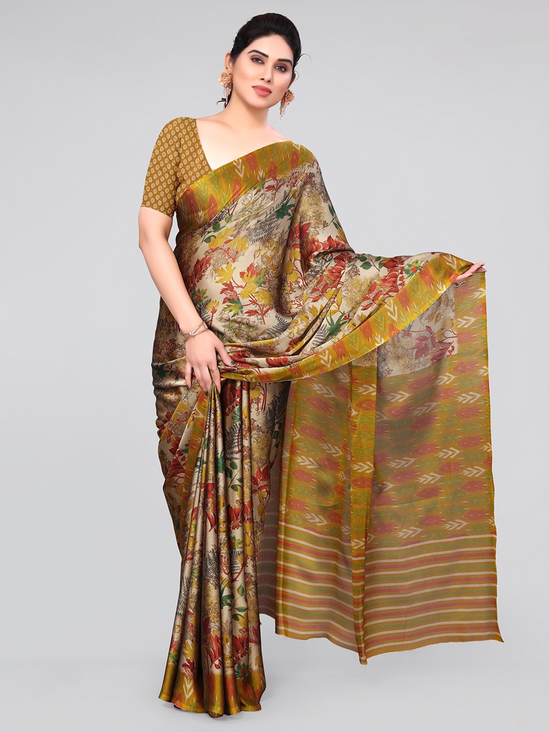 

MIRCHI FASHION Mustard Yellow & Red Floral Printed Ikat Saree