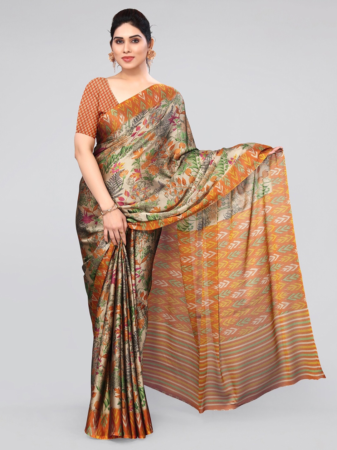 

MIRCHI FASHION Beige & Orange Floral Printed Ikat Saree