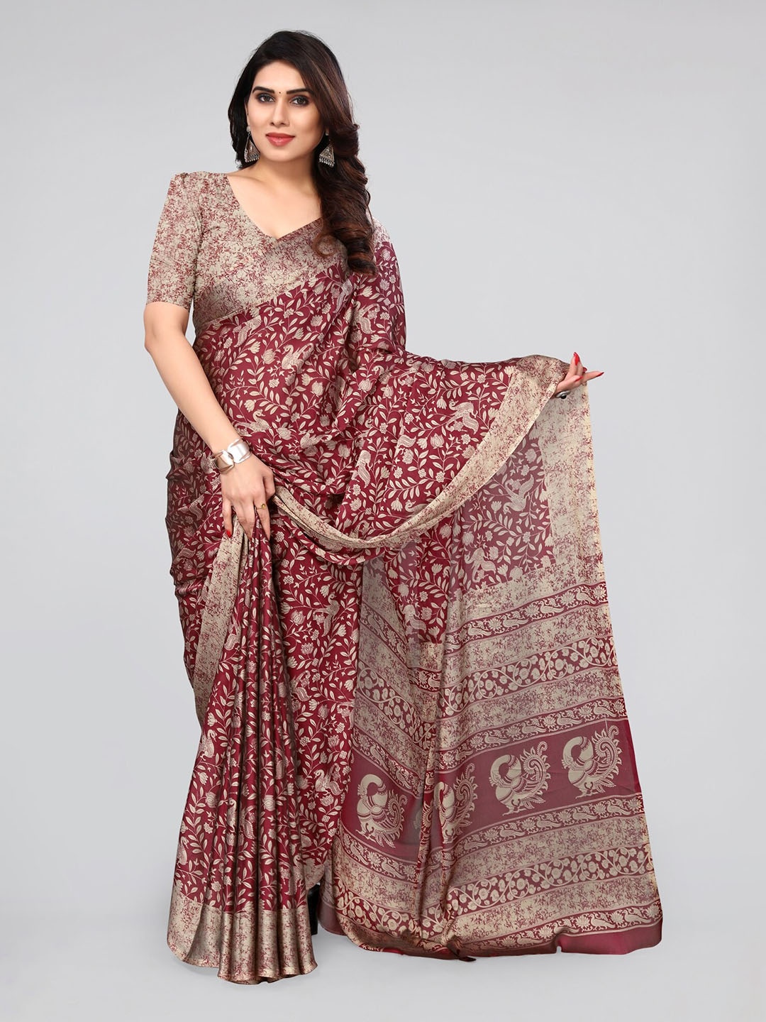

MIRCHI FASHION Maroon & Beige Floral Printed Saree