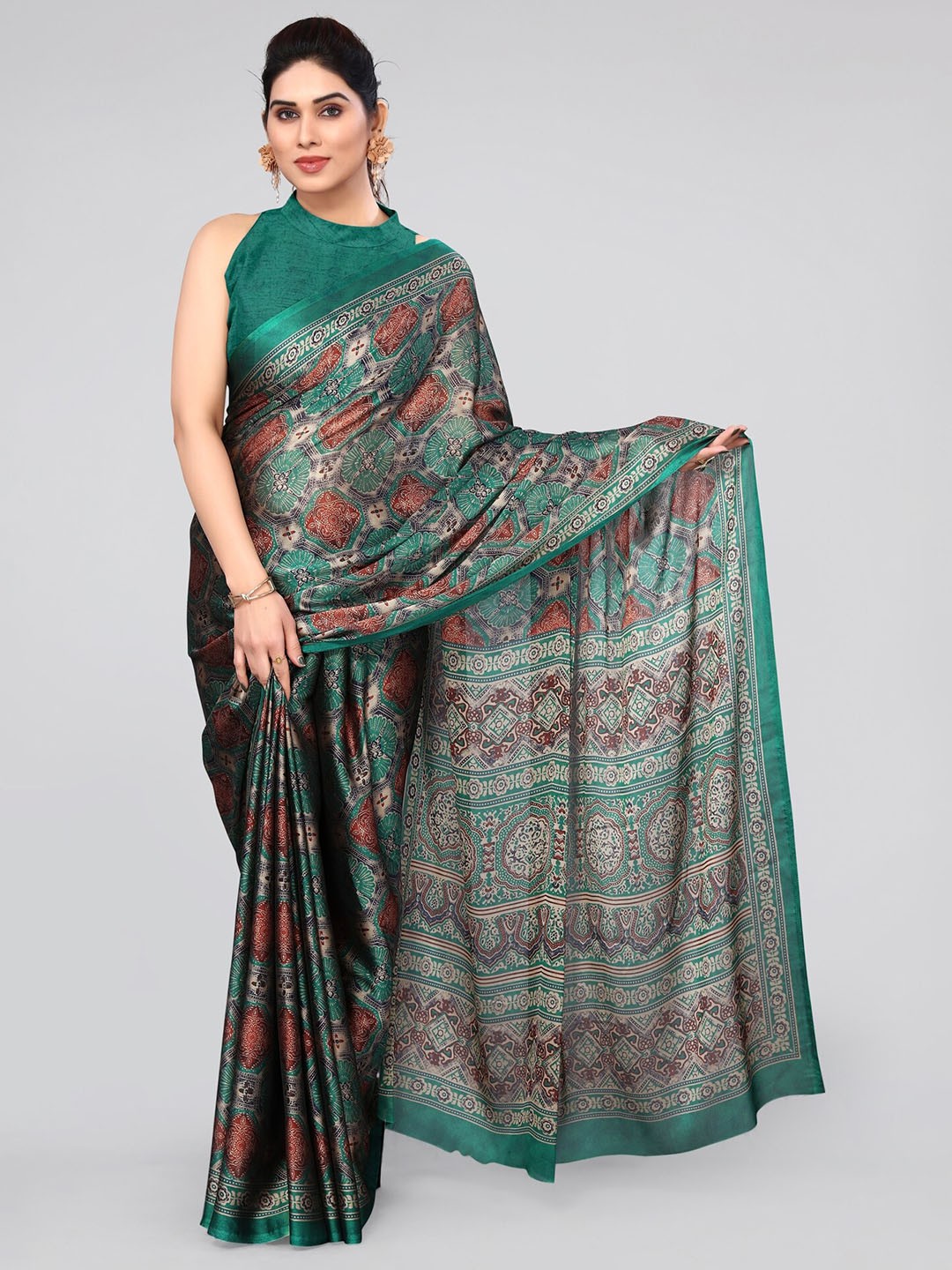 

MIRCHI FASHION Teal Green & Maroon Ethnic Motifs Printed Saree