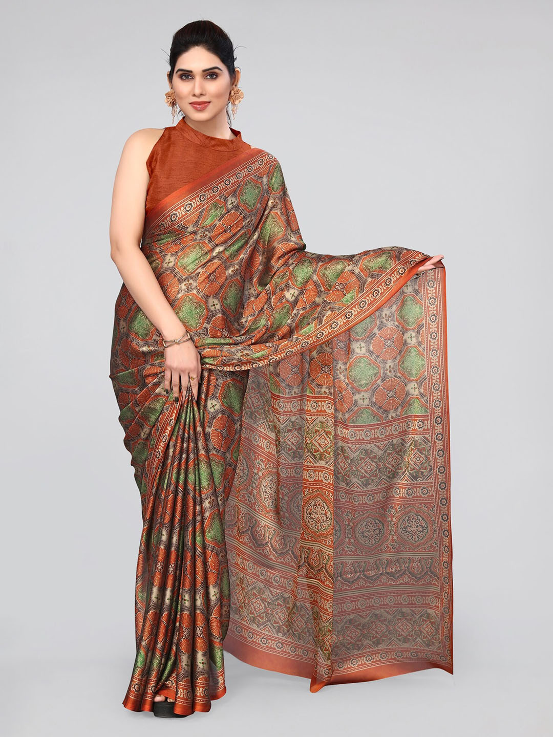 

MIRCHI FASHION Rust & Green Ethnic Motifs Printed Saree