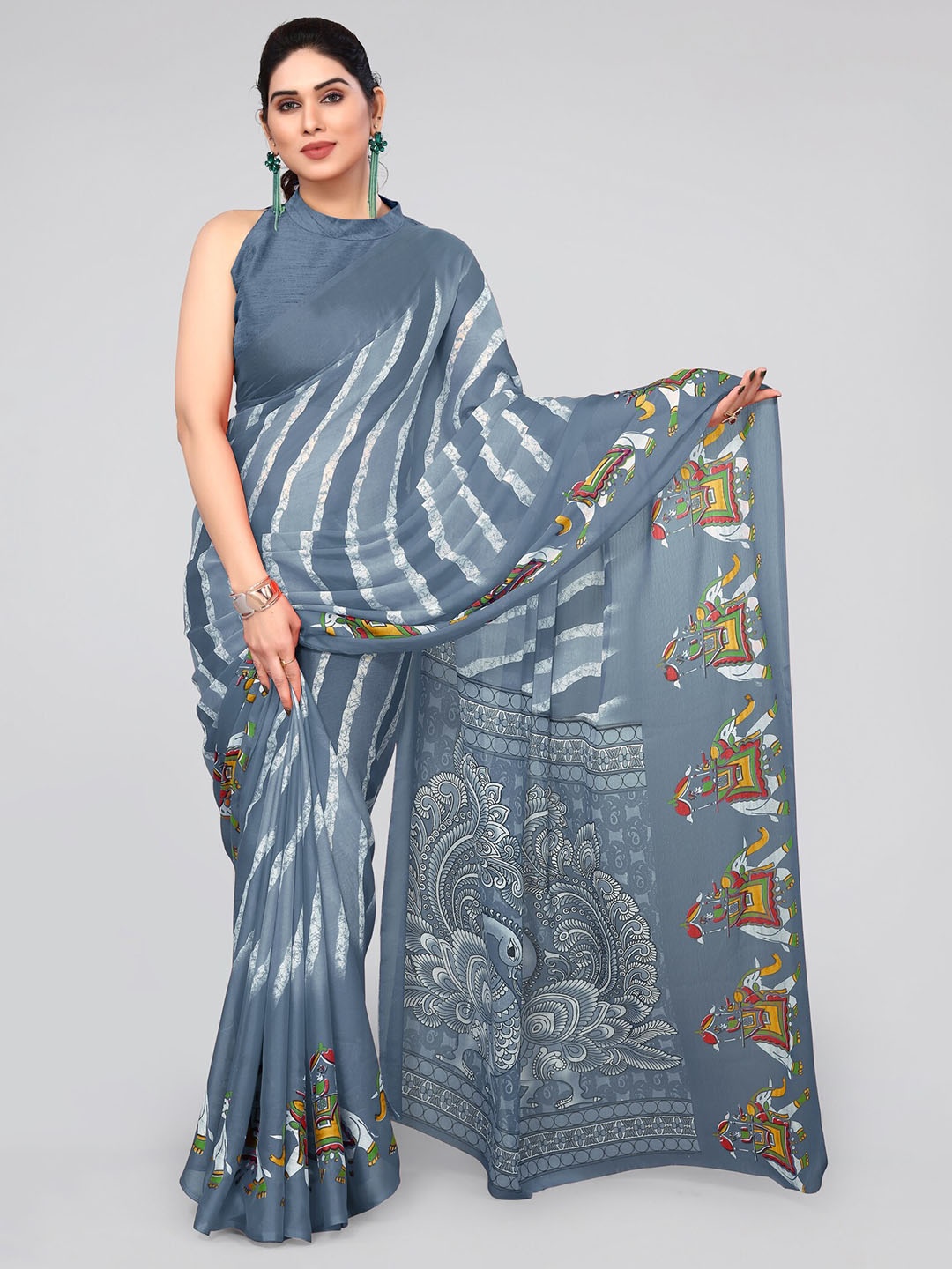 

MIRCHI FASHION Grey & White Leheriya Printed Saree