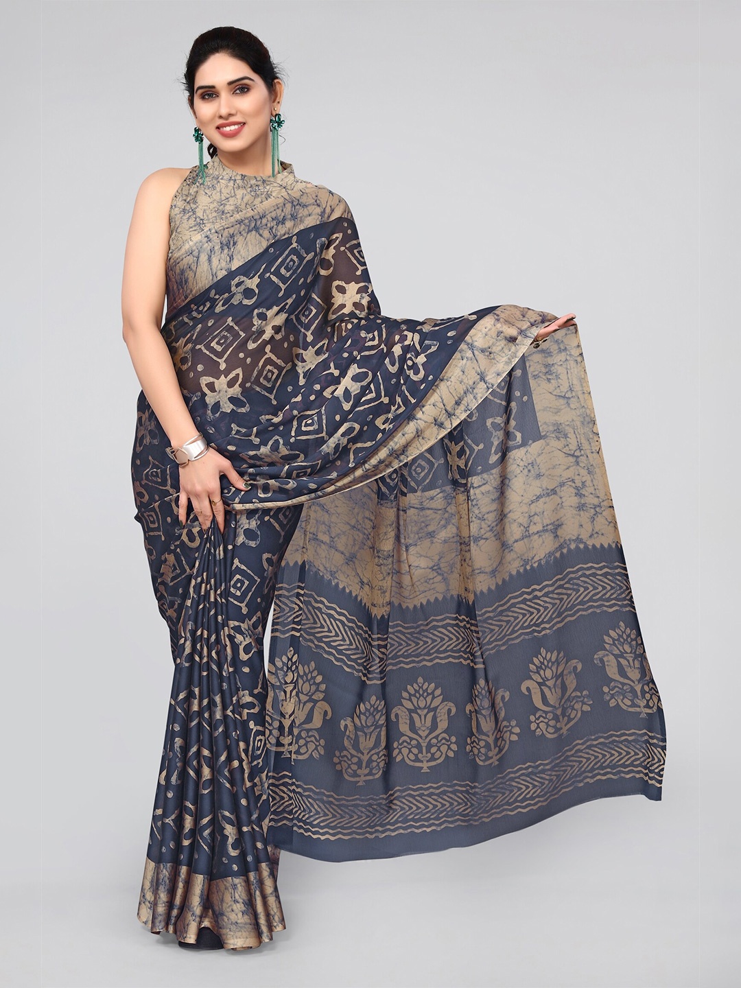 

KALINI Navy Blue & Beige Batik Block Print Saree