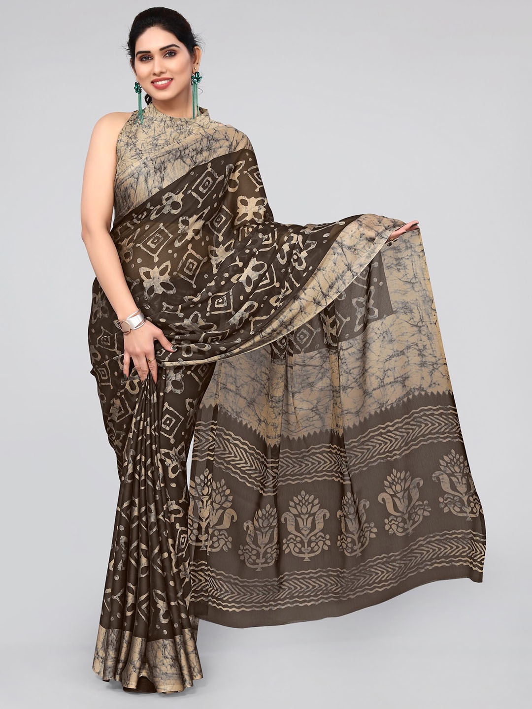 

KALINI Brown & Beige Batik Block Print Saree