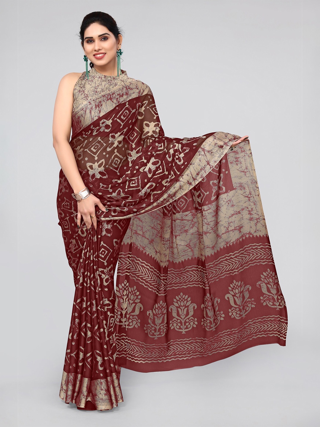 

MIRCHI FASHION Maroon & Beige Batik Block Print Saree