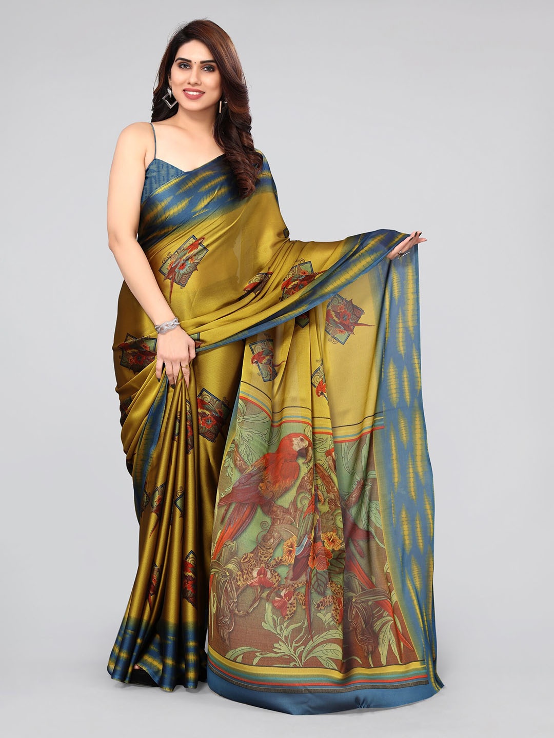 

MIRCHI FASHION Mustard Yellow & Navy Blue Ethnic Motifs Printed Saree