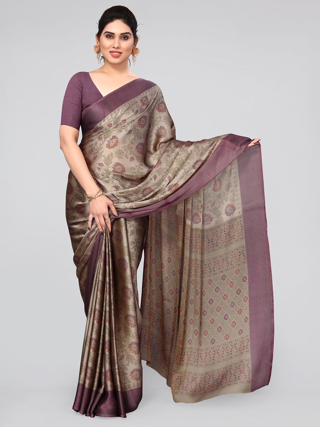 

MIRCHI FASHION Beige & Purple Floral Printed Saree