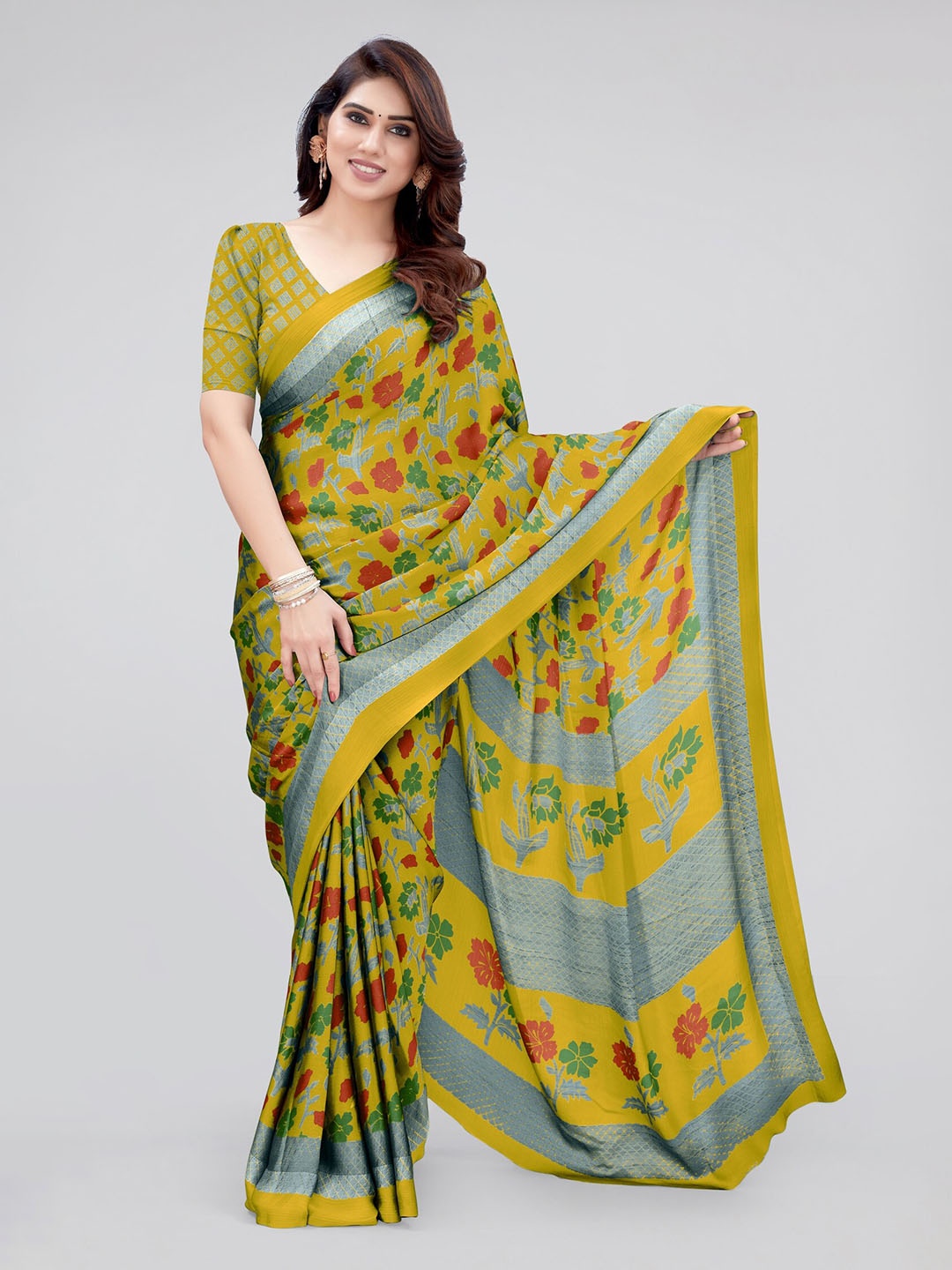 

MIRCHI FASHION Mustard Yellow & Red Floral Printed Saree
