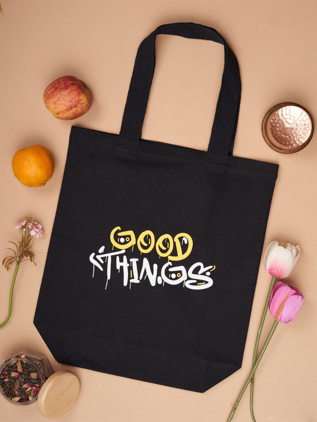 

Doodle Typography Printed Structured Tote Bag, Black