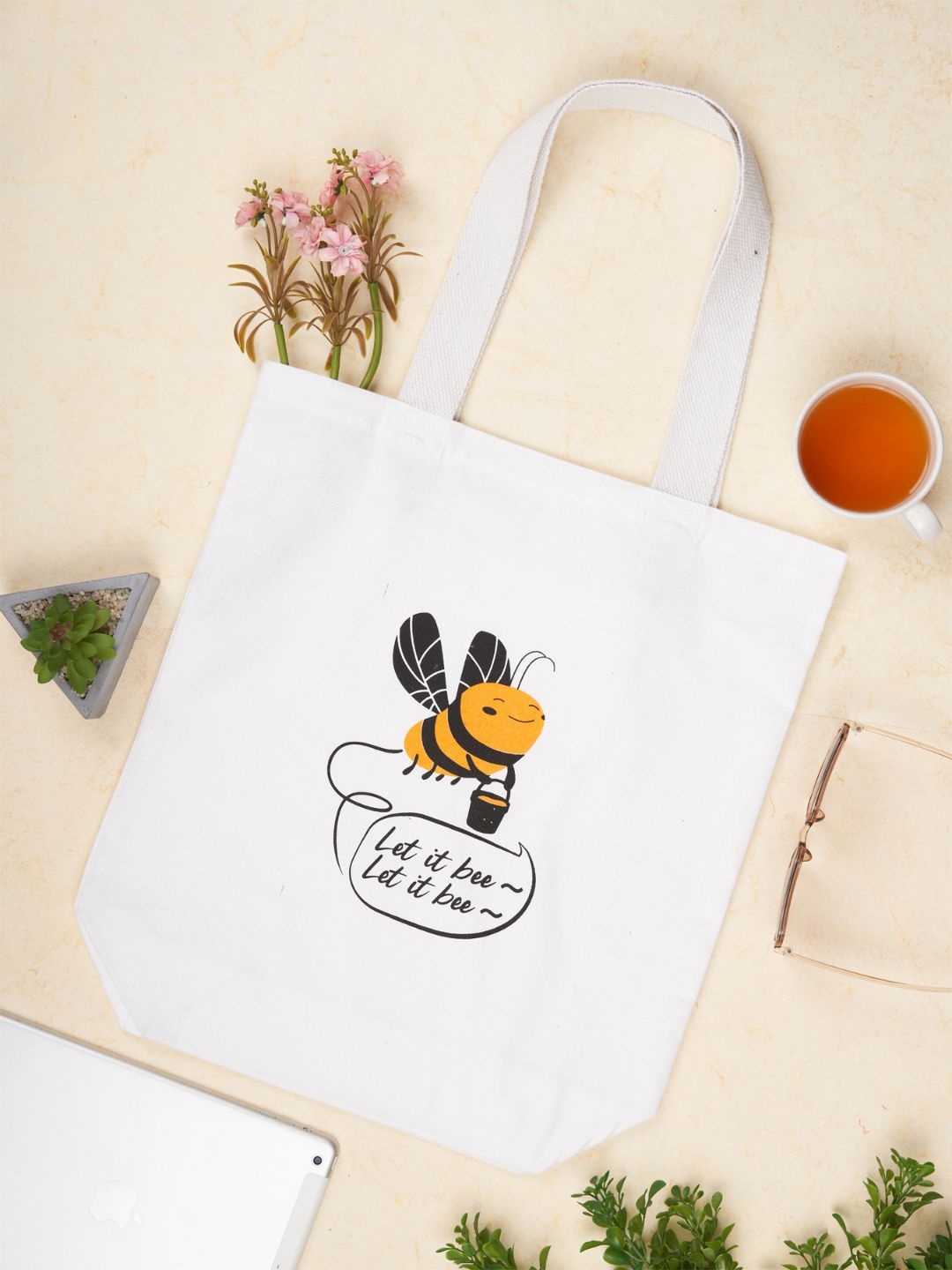 

Doodle Bee Humour Printed Structured Tote Bag, White