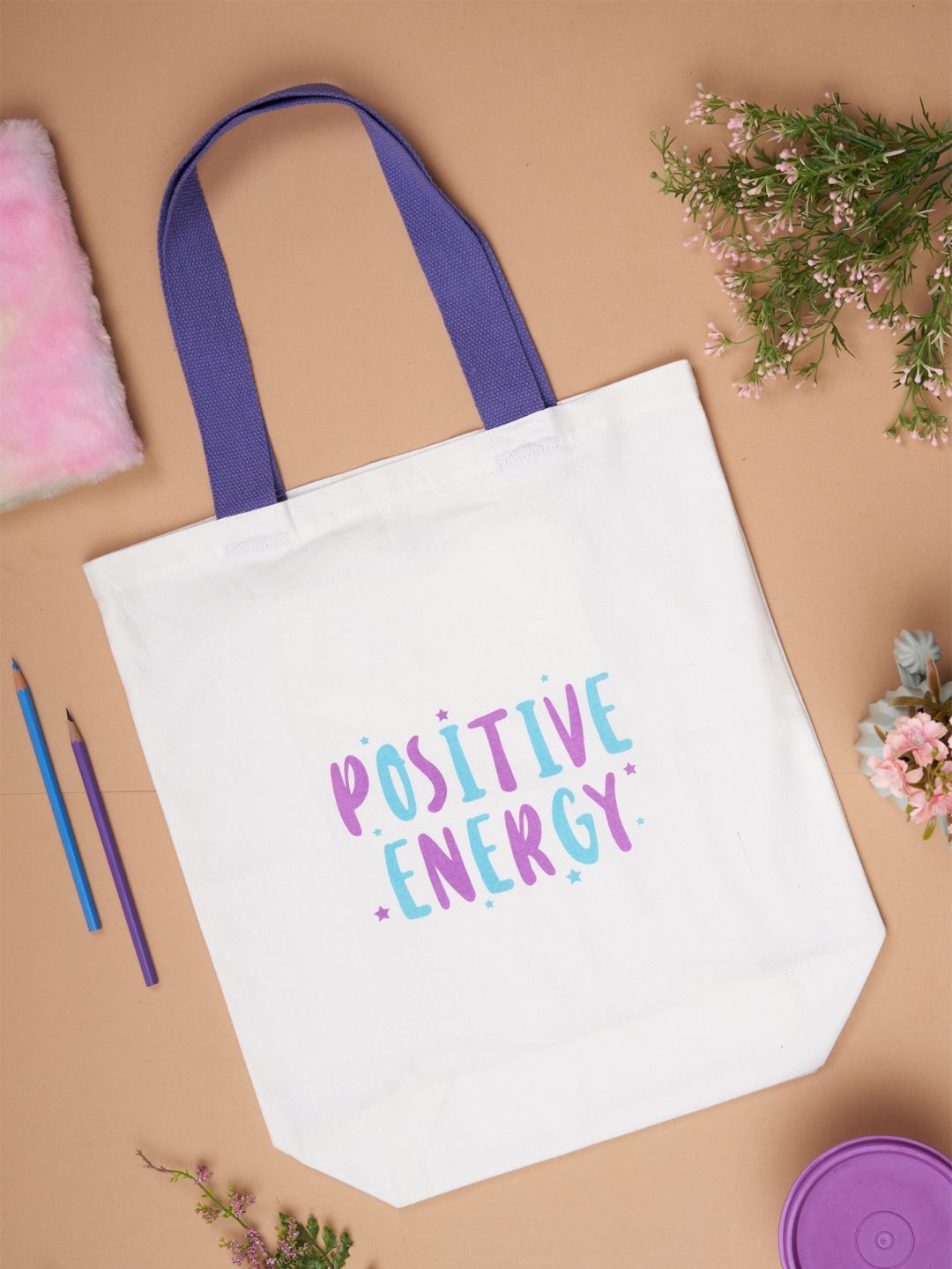 

Doodle Cotton Positive Energy Printed Tote Bag, White