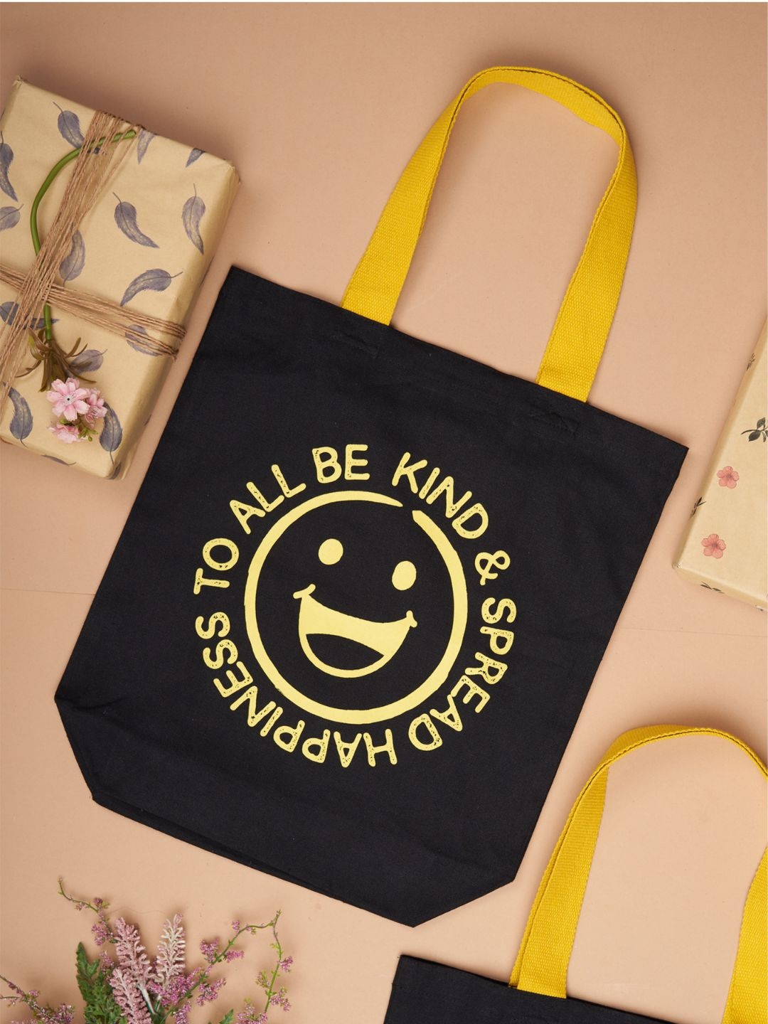 

Doodle Be Kind Typography Printed Cotton Structured Tote Bag, Black