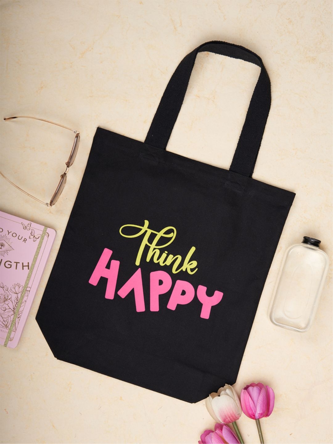 

Doodle Cotton Think Happy Tote Bag, Black