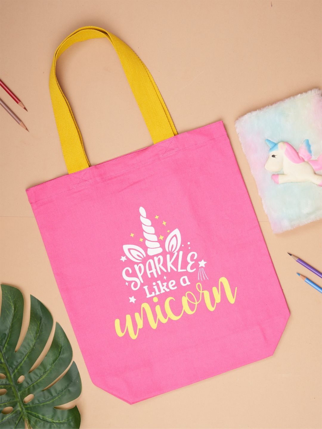 

Doodle Unicorn Typography Printed Cotton Structured Tote Bag, Pink