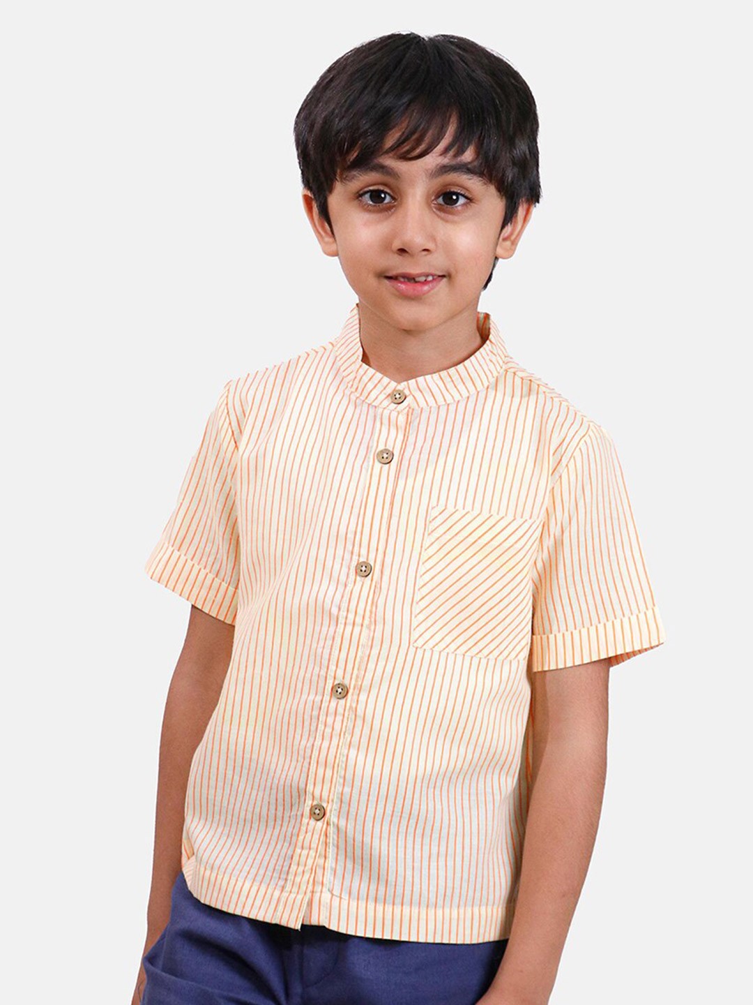 

Whistle & Hops Boys Classic Opaque Striped Mandarin Collar Casual Pure Cotton Shirt, Orange