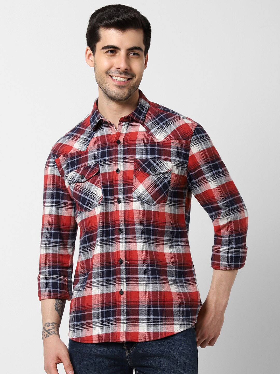 

VASTRADO Tartan Checked Casual Cotton Shirt, Red