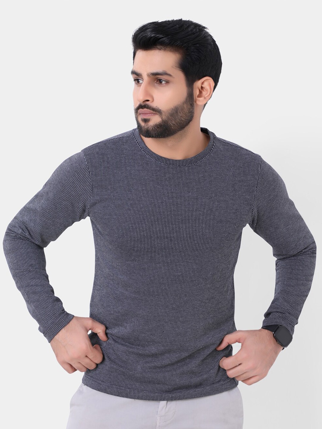 

VASTRADO Self Design Round Neck Long Sleeves T-shirt, Black