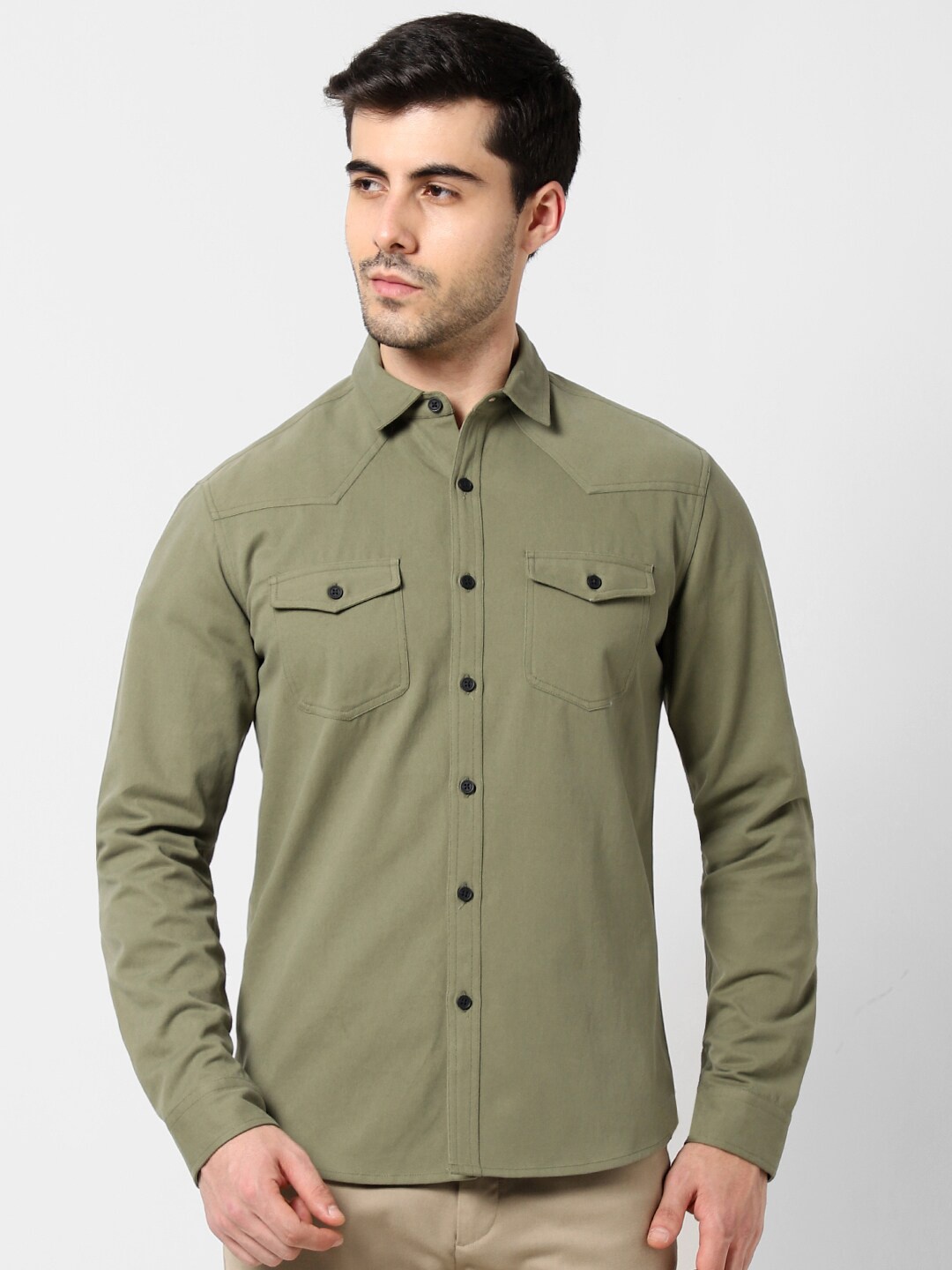 

VASTRADO Spread Collar Cotton Casual Shirt, Olive