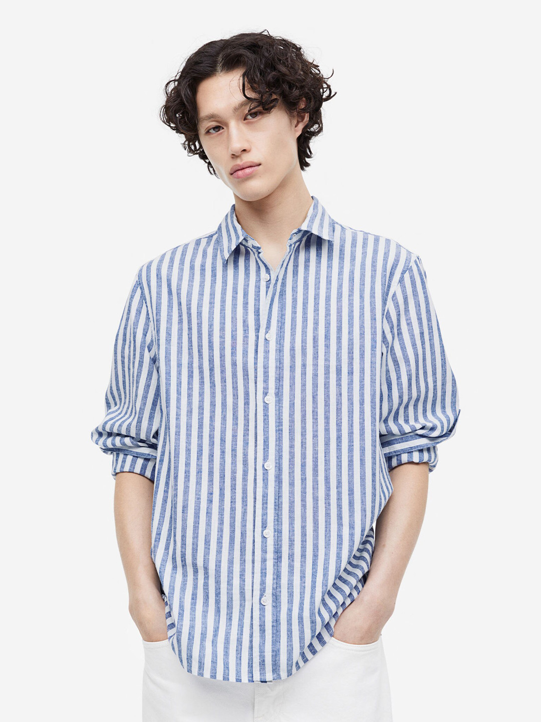 

H&M Men Regular Fit Linen-Blend Shirt, Blue