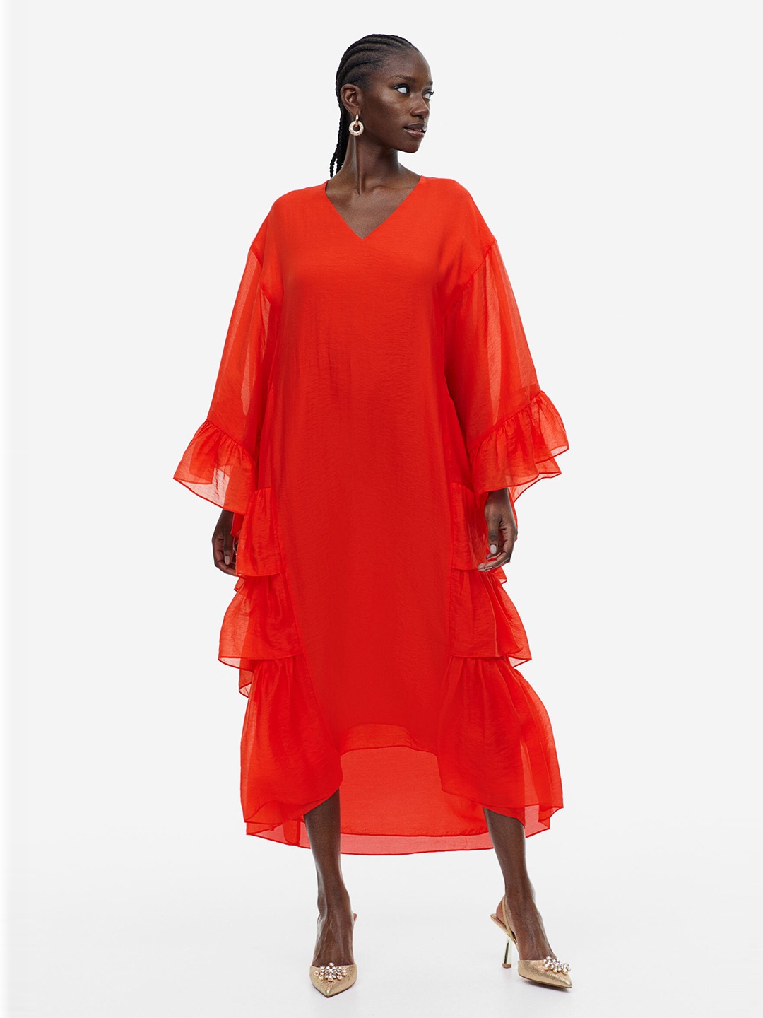

H&M Women Flounce-Trimmed Kaftan Dress, Red