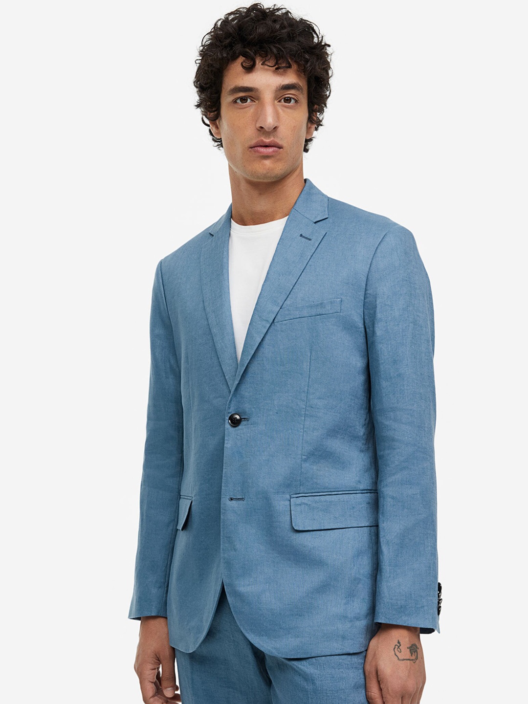 

H&M Men Slim Fit Linen Blazer, Blue