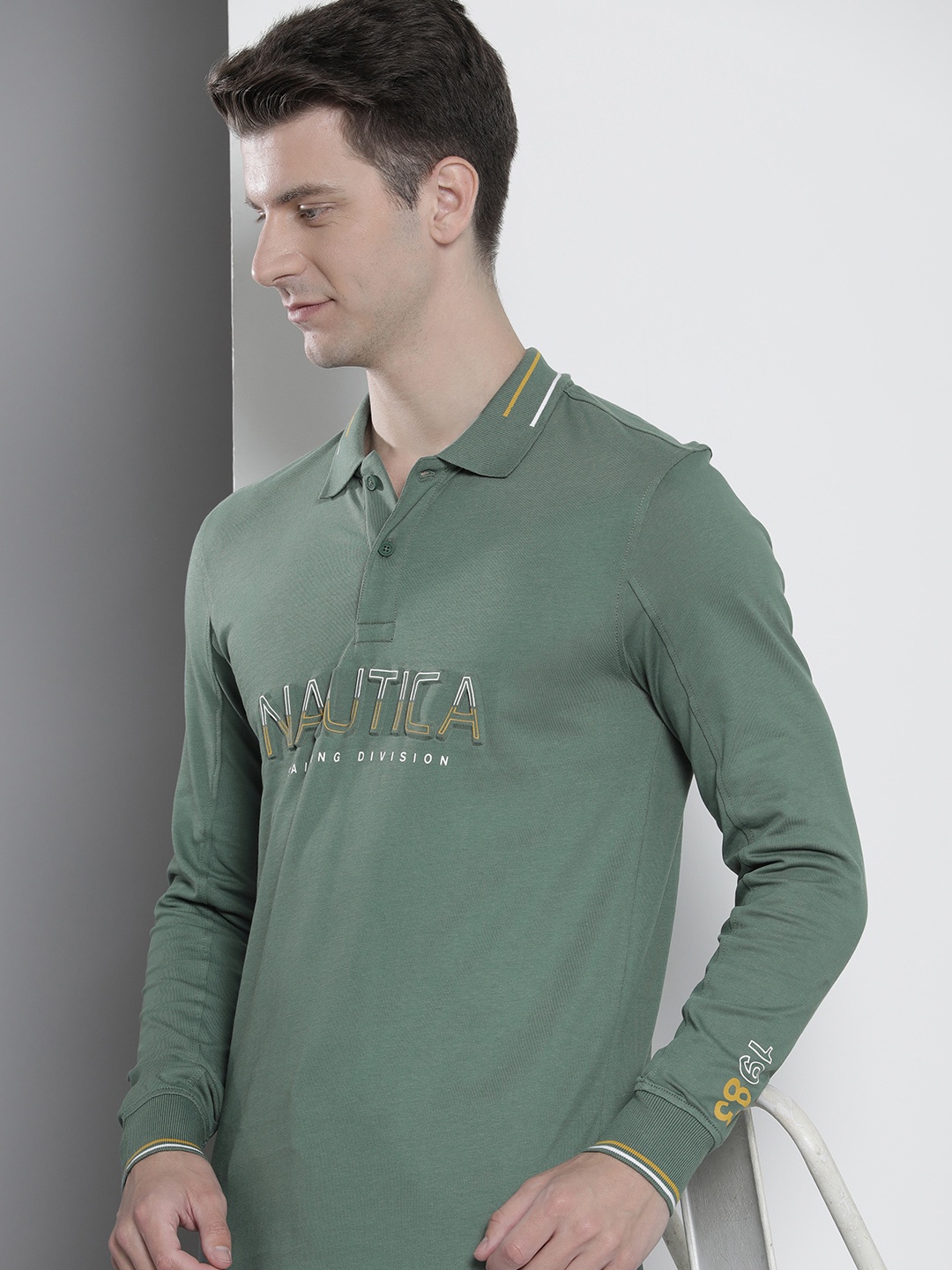 

Nautica Brand Logo Printed With Embossed Detail Polo Collar Pure Cotton T-shirt, Green