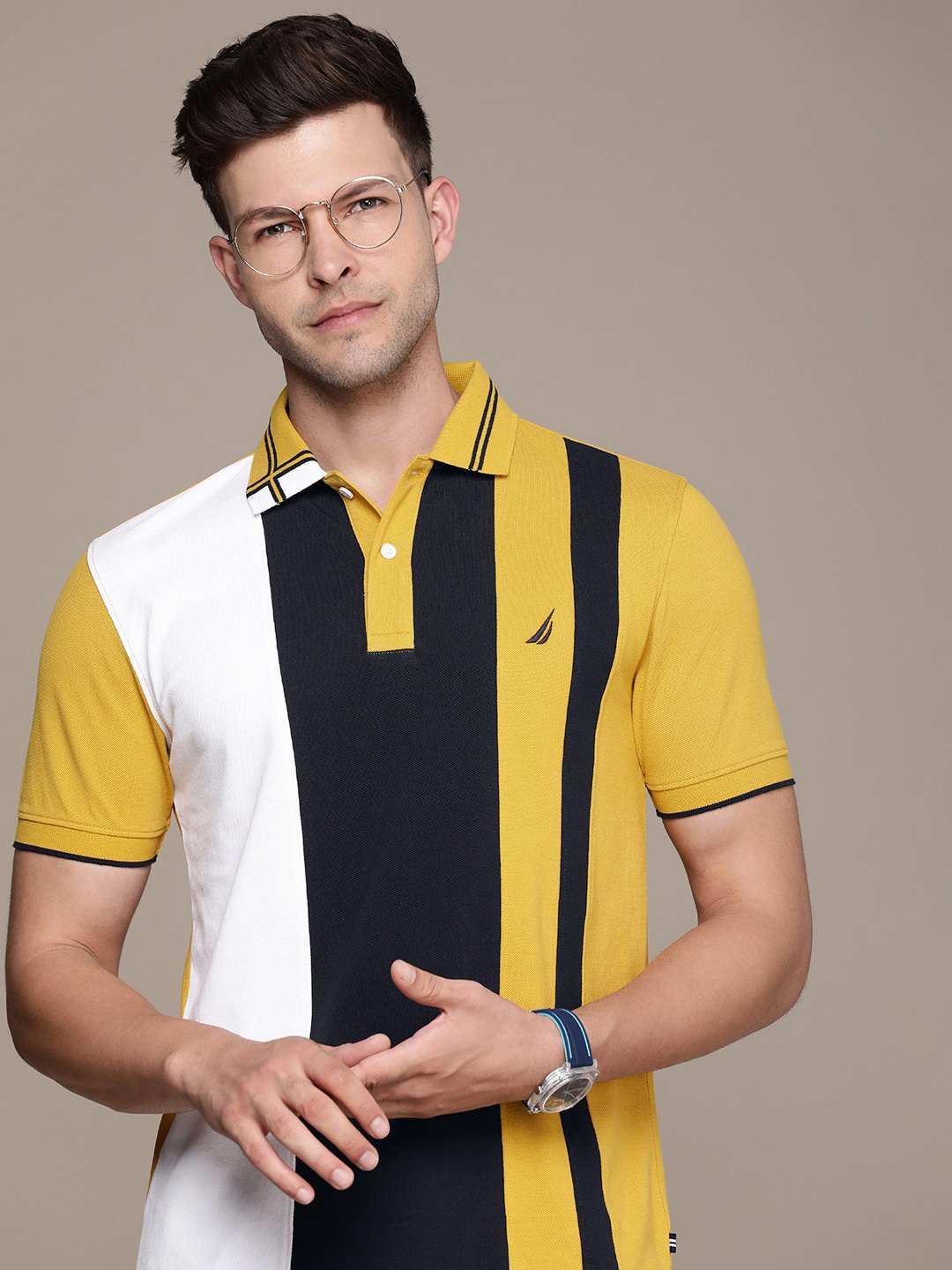 

Nautica Colourblocked Polo Collar Pure Cotton T-shirt, Mustard