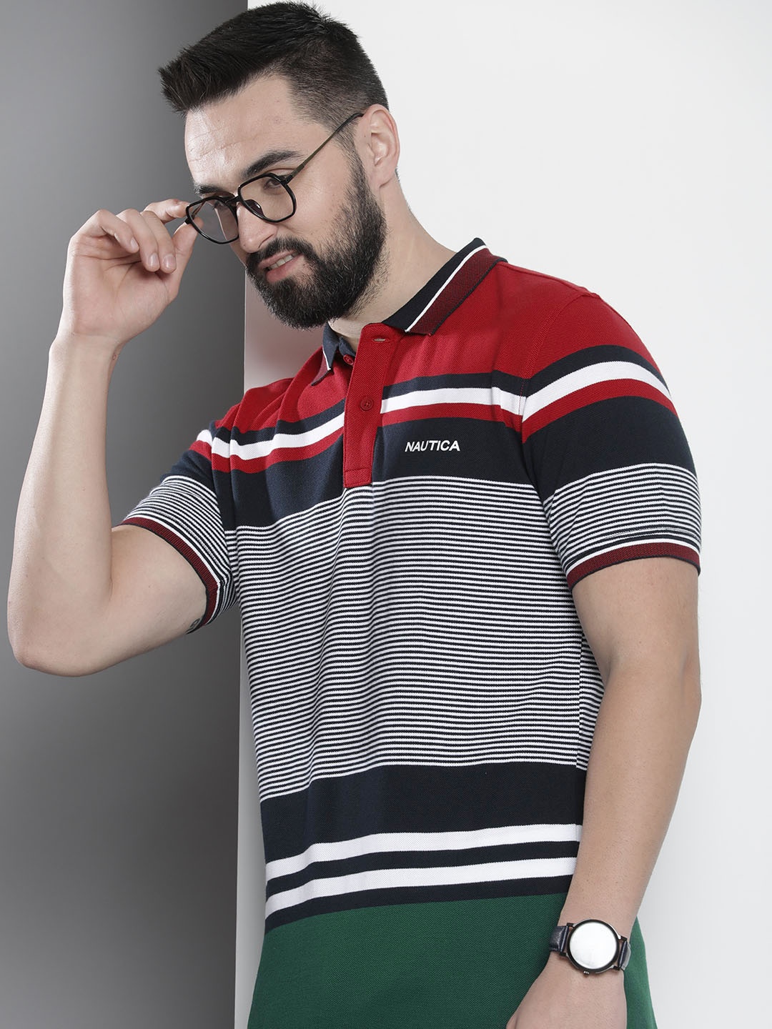 

Nautica Striped Polo Collar Pure Cotton T-shirt, Red