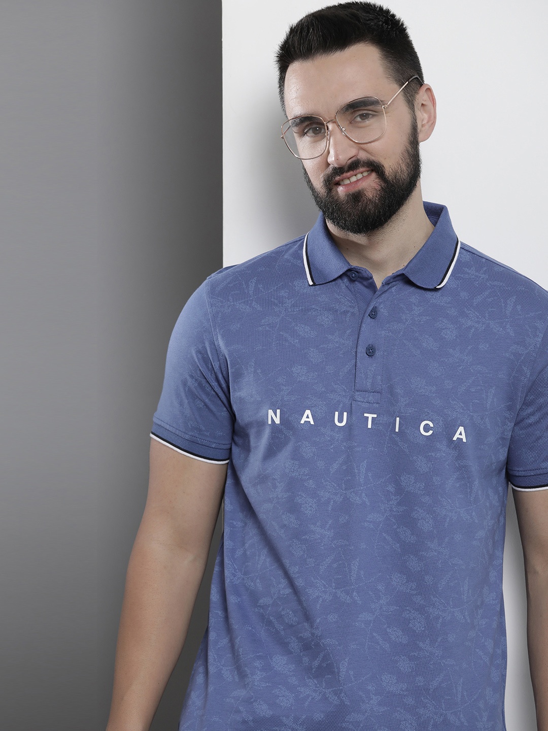 

Nautica Tropical Printed Polo Collar Pure Cotton T-shirt, Blue