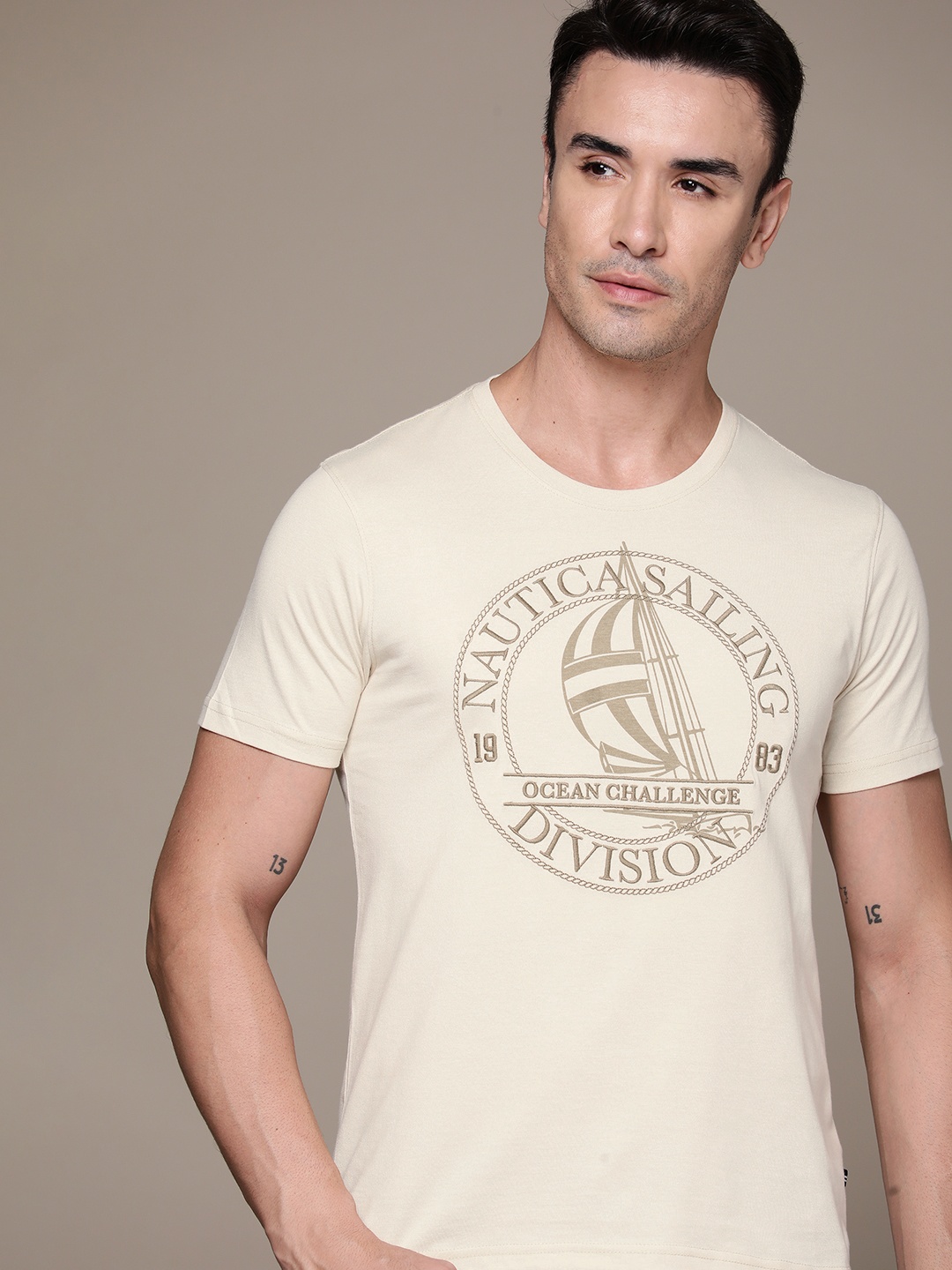 

Nautica Brand Logo Embroidered Pure Cotton T-shirt, Beige