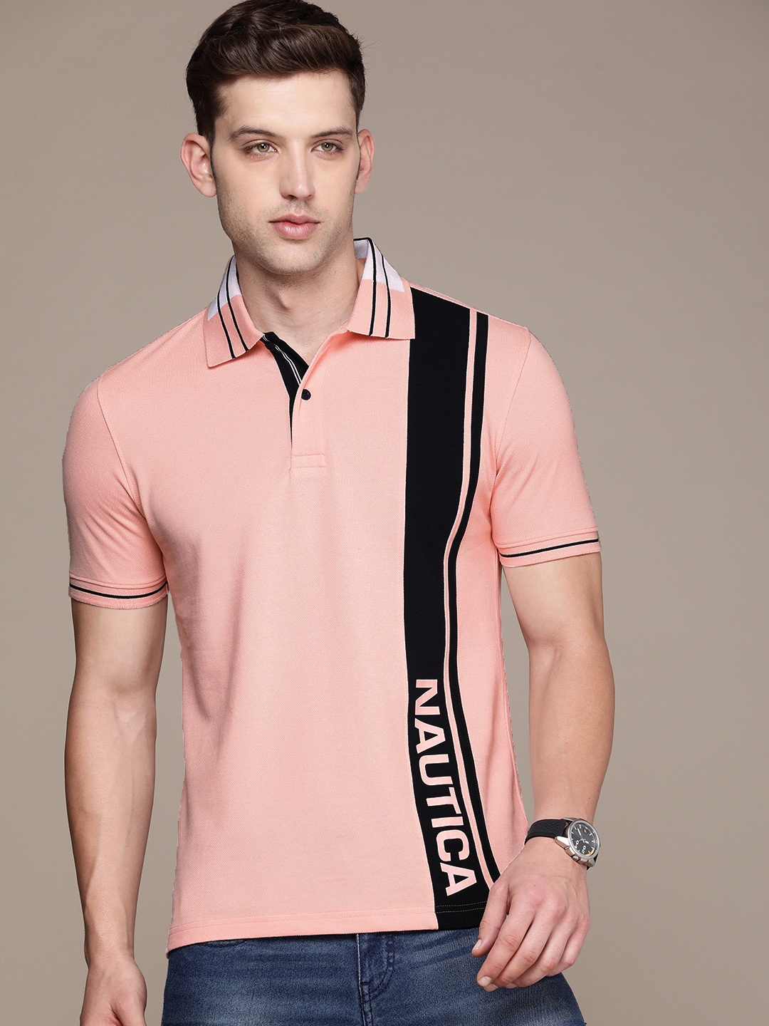 

Nautica Brand Logo Printed Polo Collar Pure Cotton T-shirt, Pink