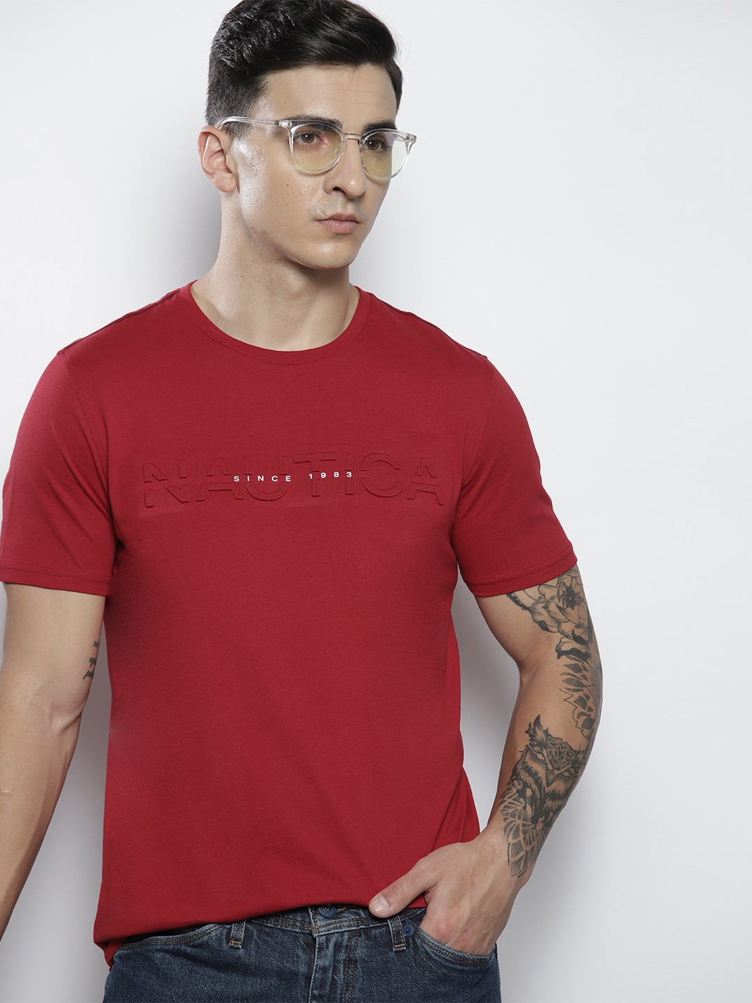 

Nautica Brand Logo Embossed Pure Cotton T-shirt, Red