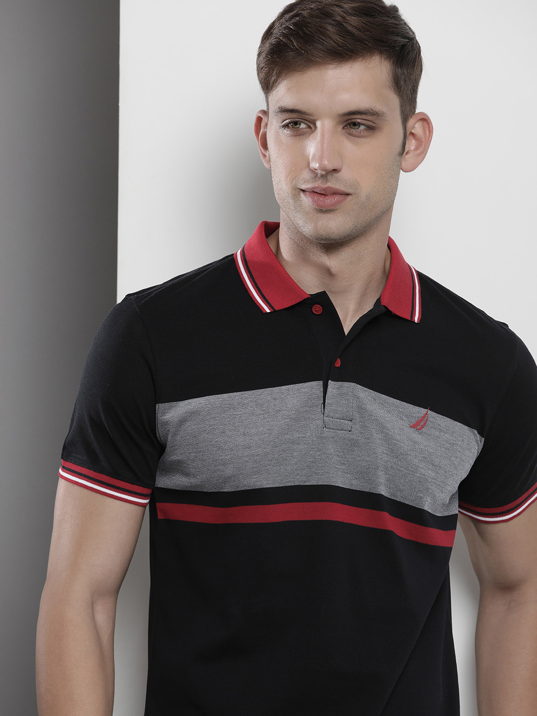 

Nautica Pure Cotton Colourblocked Polo Collar Casual T-shirt, Black