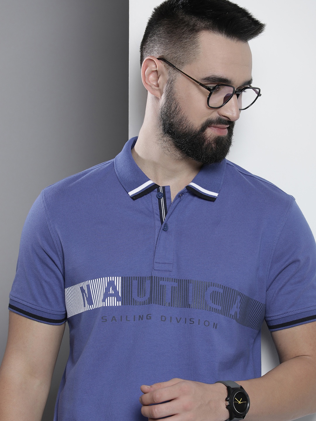 

Nautica Brand Logo Graphic Printed Polo Collar Pure Cotton T-shirt, Blue
