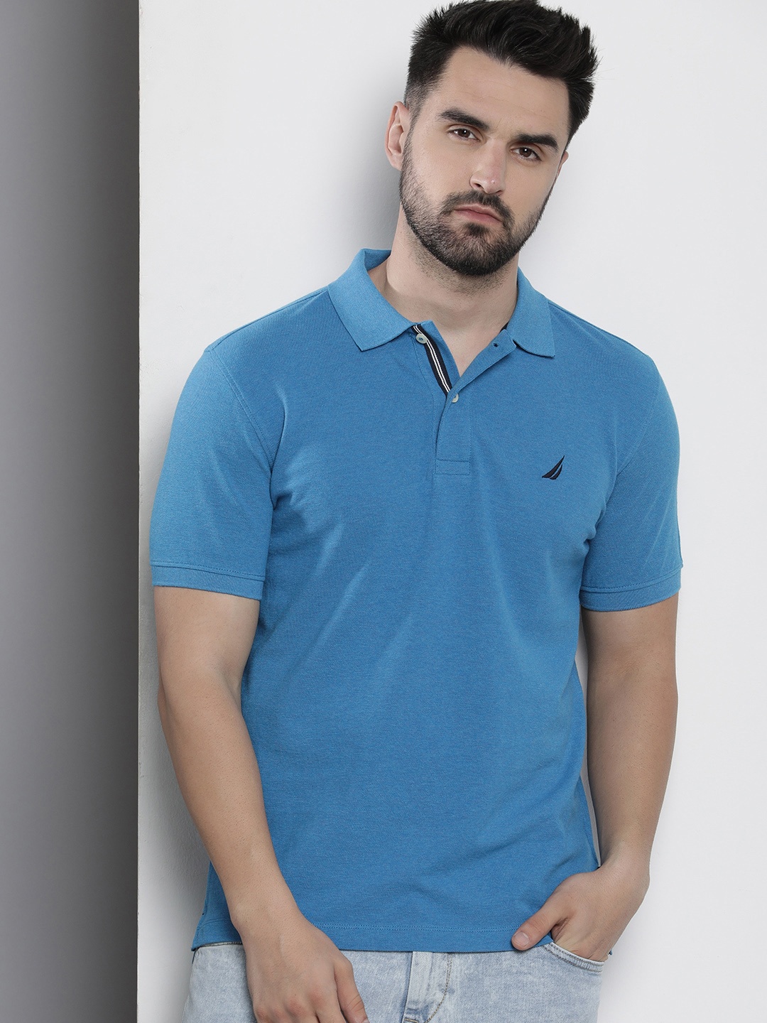 

Nautica Solid Polo Collar Pure Cotton T-shirt, Blue