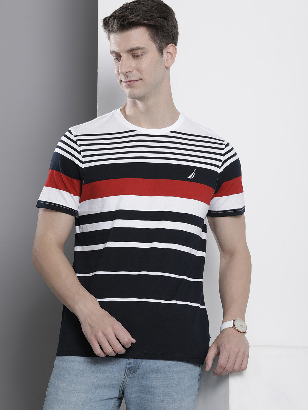

Nautica Pure Cotton Polo Collar Striped Casual T-shirt, White