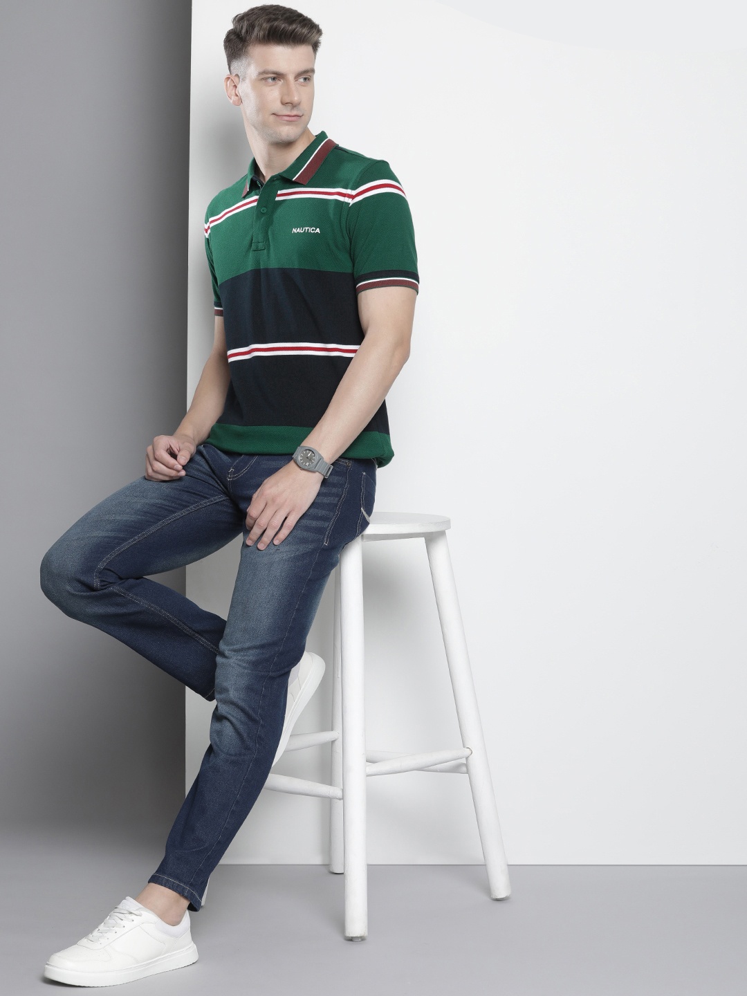 

Nautica Colourblocked & Striped Polo Collar Pure Cotton T-shirt, Green