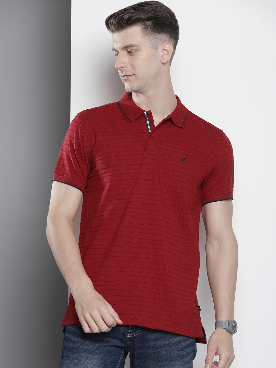 

Nautica Self Design Polo Collar Pure Cotton T-shirt, Red