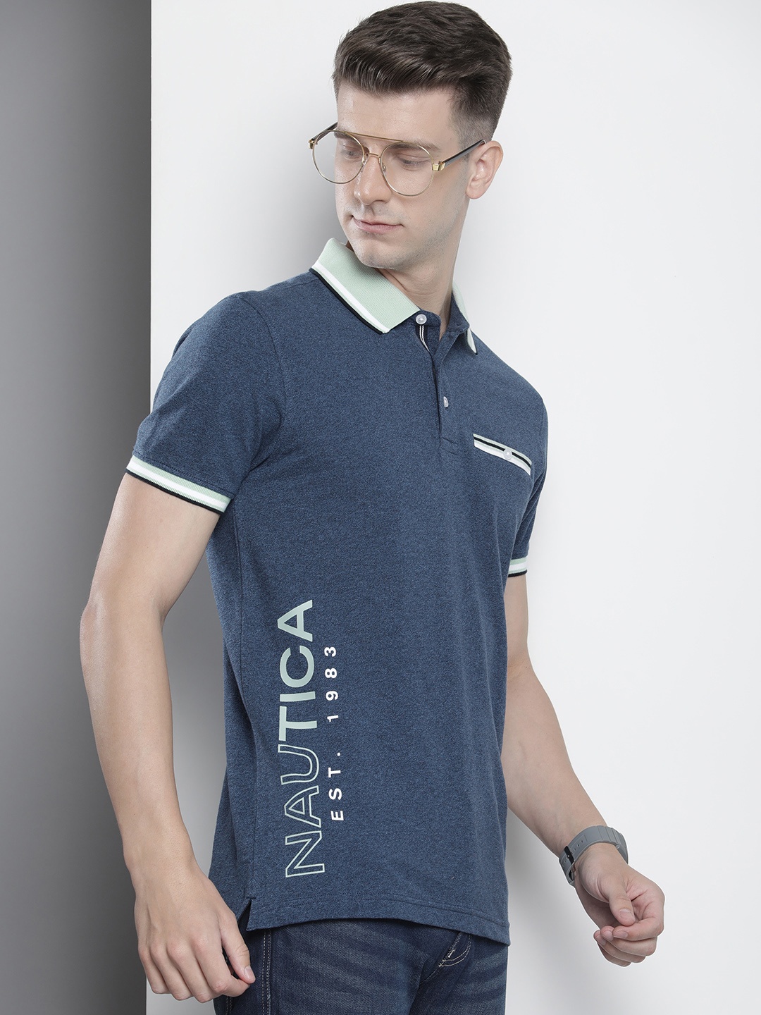 

Nautica Brand Logo Printed Polo Collar Pure Cotton T-shirt, Blue