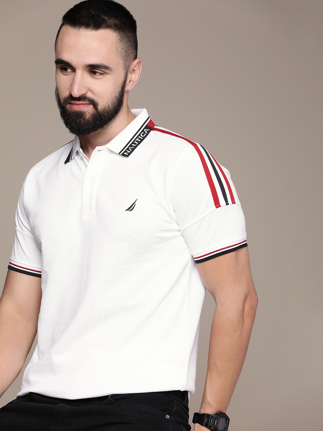 

Nautica Brand Logo Embroidered Polo Collar Pure Cotton T-shirt, White
