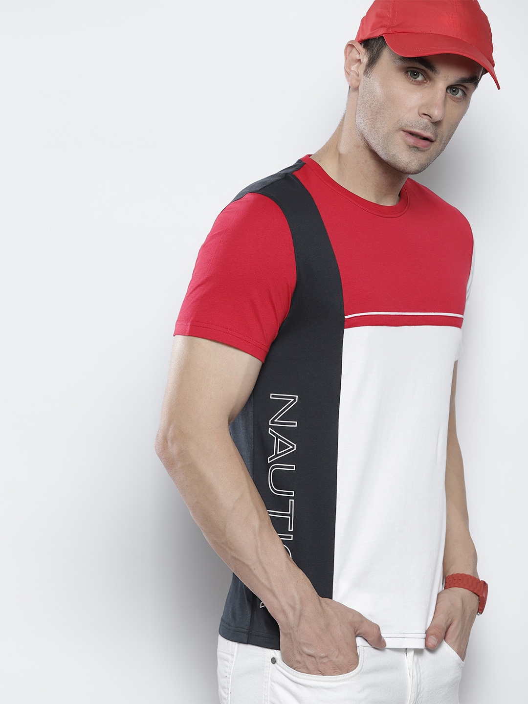 

Nautica Colourblocked Pure Cotton T-shirt, Red