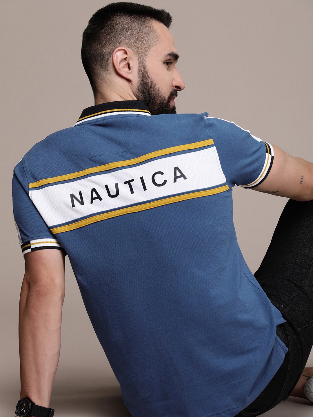 

Nautica Brand Logo Printed Polo Collar T-shirt, Blue