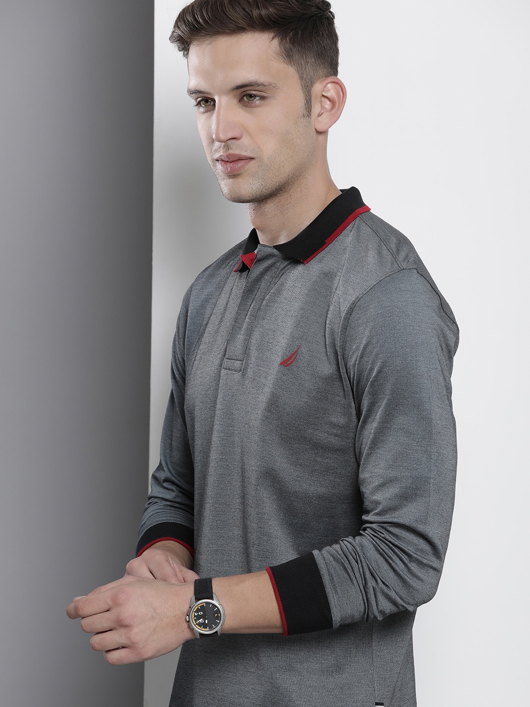 

Nautica Polo Collar Long Sleeves Pure Cotton T-shirt, Grey