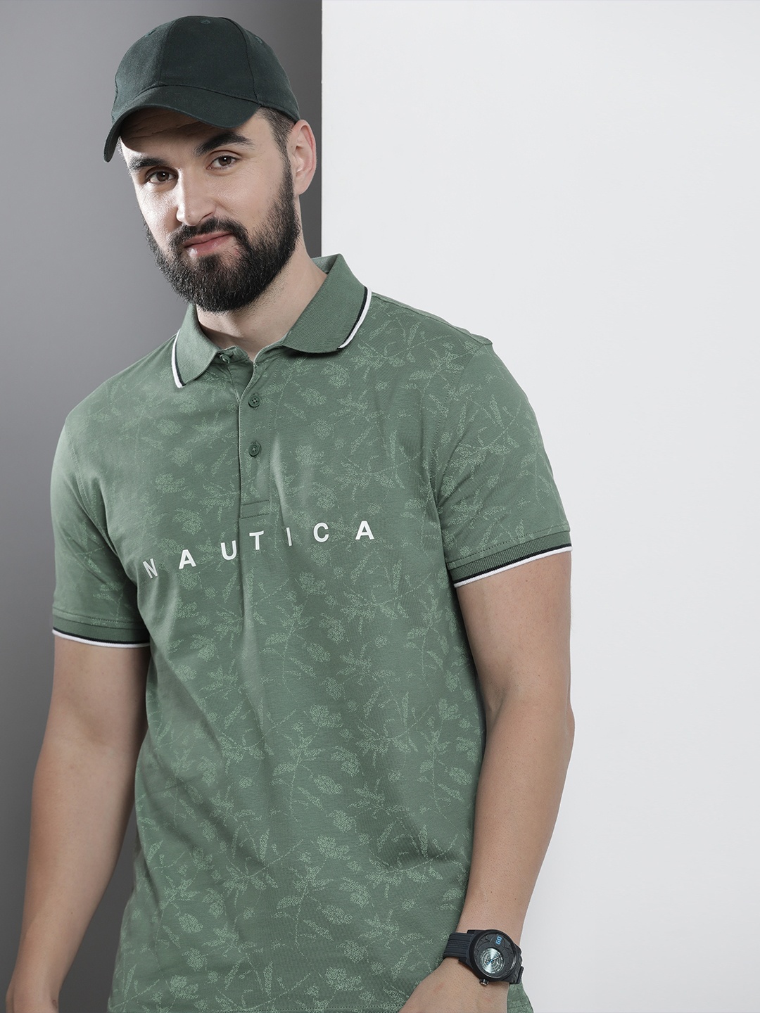 

Nautica Tropical Printed Polo Collar Pure Cotton T-shirt, Green